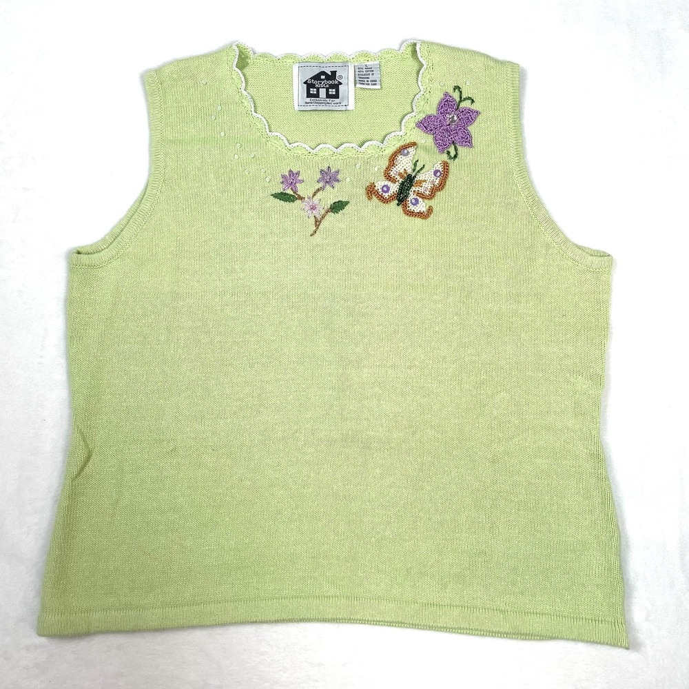 VTG NWT Storybook Knits Lime Green Cotton Ramie Knit Beaded Cottagecore Tank L